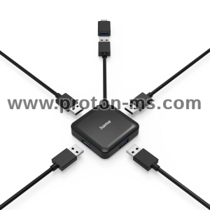 Hama USB Hub, 4 Ports, USB 3.2 Gen 1, 5 Gbit/s, incl. USB-C Adapter, Black