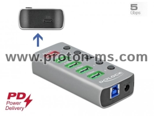 USB хъб Type-C Delock, 7-портов 4 x USB-A, 1 Fast Charging Port, 1 x USB-B, 1 x USB-C PD, Подсветка, Сив